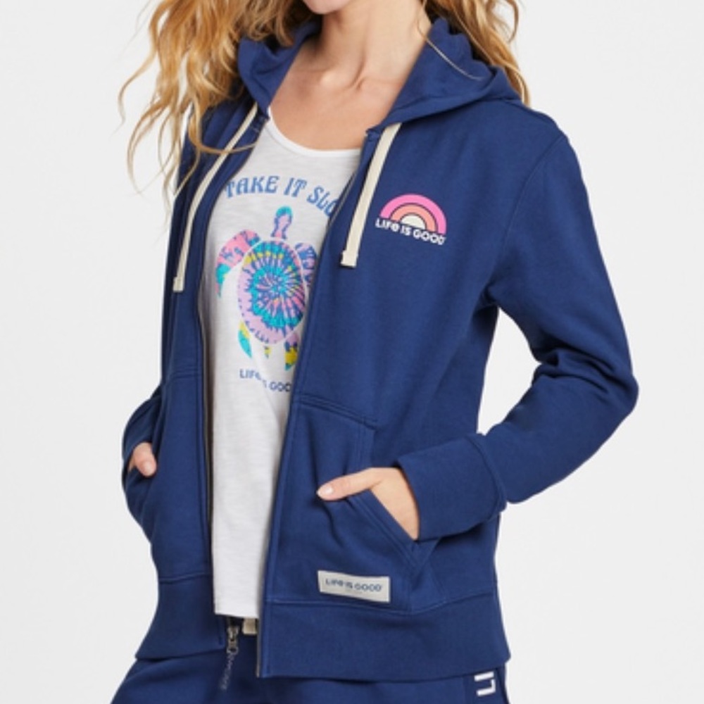Life Is Good Navy Zip Hoodie with Pink Rainbow Patch